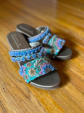 Teal Chunky Heel Beaded Sandals